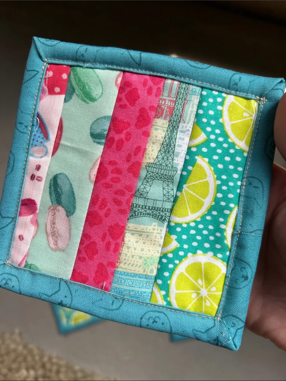 Handmade Patchwork Fabric Coasters - Teal Trim, Lime & Macaron Prints